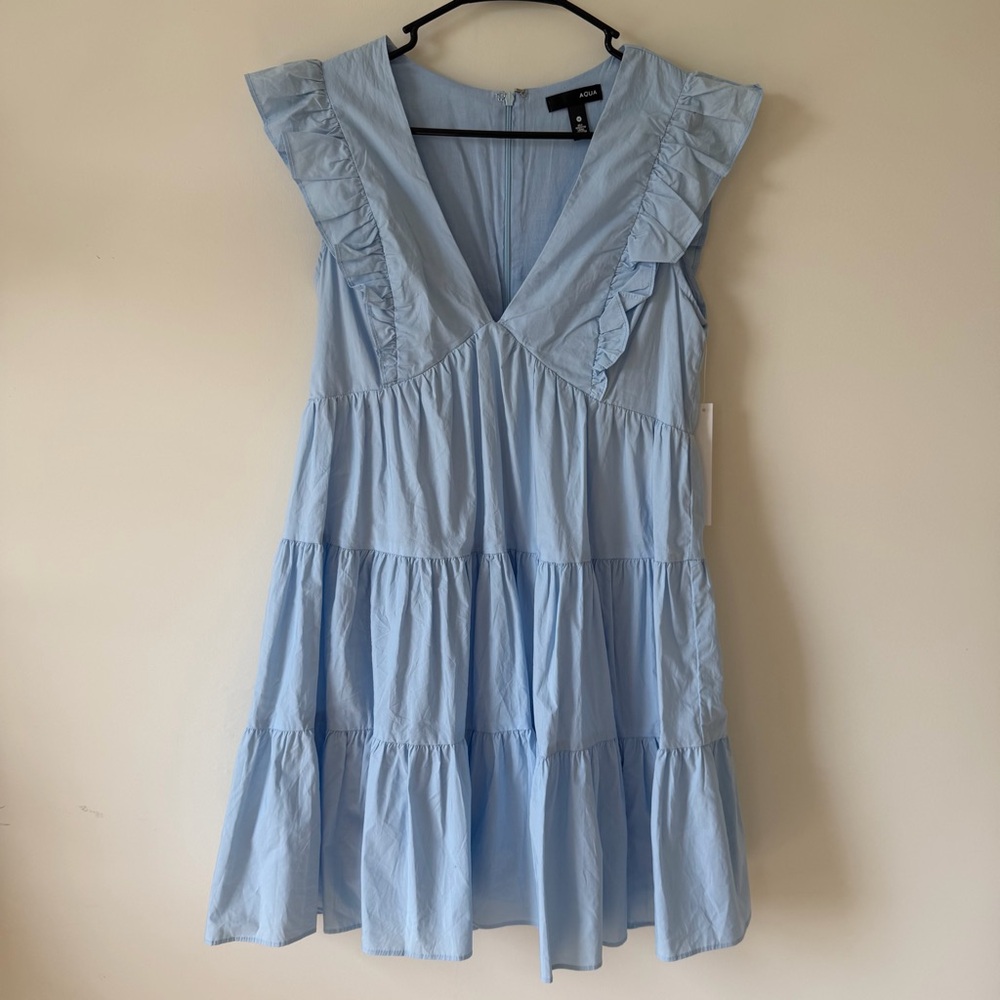 Aqua 100% Cotton Light Blue Ruffle Tiered V-Neck Mini Dress Size M NWT